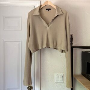 THE RANGE tan waffle‎ thermal knit cotton popover polo cropped boxy long sleeve